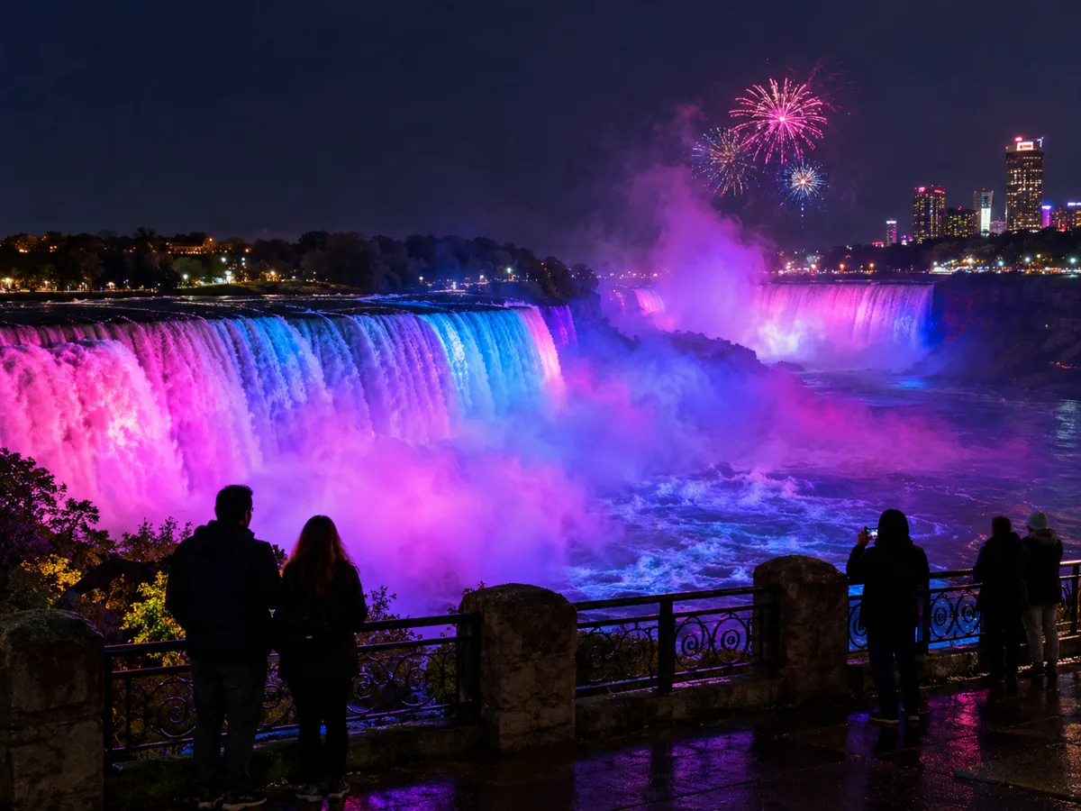 Die Niagarafälle bei Nacht in Pink und Blau beleuchtet, von der kanadischen Seite aus gesehen
