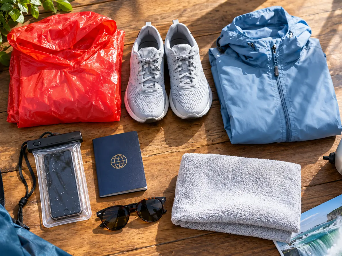 Ein Regenponcho, schnell trocknende Sneaker, eine wasserdichte Handyhülle und ein Reisepass auf einem Tisch